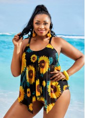 Sunflower Print Plus Size Asymmetric Hem Tankini Set