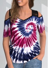 Cold Shoulder Tie Dye Print Lace Stitching T Shirt