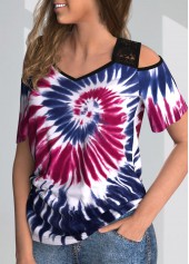 Cold Shoulder Tie Dye Print Lace Stitching T Shirt