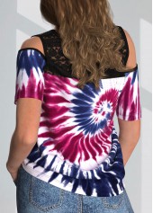 Cold Shoulder Tie Dye Print Lace Stitching T Shirt