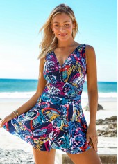 Printed Wide Strap Cross Strap Swimdress and Panty 