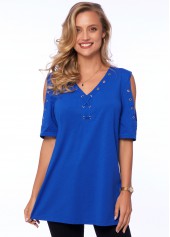 Solid Cold Shoulder V Neck T Shirt