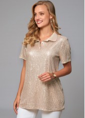 Button Detail Turndown Collar Sequin T Shirt
