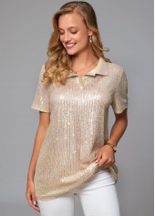 Button Detail Turndown Collar Sequin T Shirt