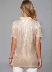 Button Detail Turndown Collar Sequin T Shirt