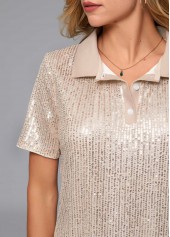 Button Detail Turndown Collar Sequin T Shirt