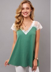 Short Sleeve Lace Stitching V Neck T Shirt