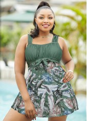 Bowknot Plus Size Feathers Print Swimdress and Panty 