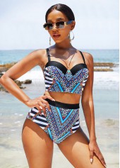 Tribal Print High Waisted Wide Strap Bikini Set 