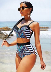 Tribal Print High Waisted Wide Strap Bikini Set 