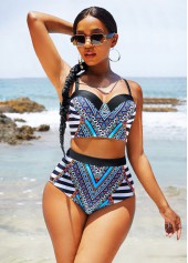 Tribal Print High Waisted Wide Strap Bikini Set 