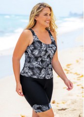Wide Strap Plus Size Leaf Print Tankini Set