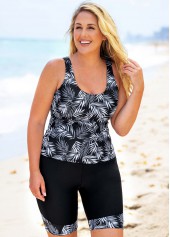Wide Strap Plus Size Leaf Print Tankini Set