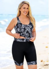Wide Strap Plus Size Leaf Print Tankini Set