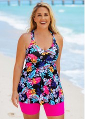 Floral Print Plus Size Cross Strap Tankini Set 