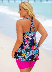 Floral Print Plus Size Cross Strap Tankini Set 