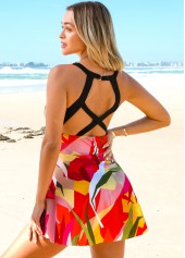 Criss Cross Back Multi Color Printed Swimdress and Shorts