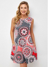 Round Neck Pocket Geometric Print Dress 