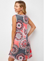 Round Neck Pocket Geometric Print Dress 