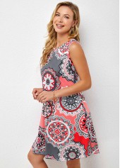 Round Neck Pocket Geometric Print Dress 