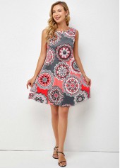 Round Neck Pocket Geometric Print Dress 