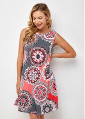 Round Neck Pocket Geometric Print Dress 
