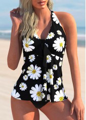 Halter Daisy Print Bowknot Tankini Set