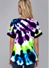 Short Sleeve Tie Dye Print Split Neck Blouse