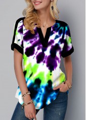 Short Sleeve Tie Dye Print Split Neck Blouse
