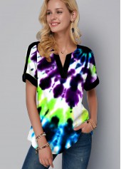 Short Sleeve Tie Dye Print Split Neck Blouse