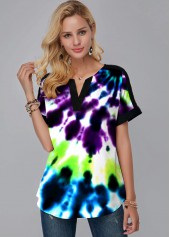 Short Sleeve Tie Dye Print Split Neck Blouse