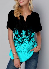 Ombre Floral Print Split Neck Blouse