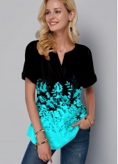 Ombre Floral Print Split Neck Blouse