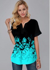 Ombre Floral Print Split Neck Blouse