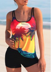 Spaghetti Strap Scape Print Colorful Tankini Set 