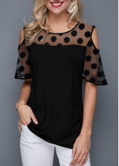 Round Neck Polka Dot Cold Shoulder T Shirt