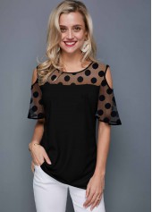 Round Neck Polka Dot Cold Shoulder T Shirt