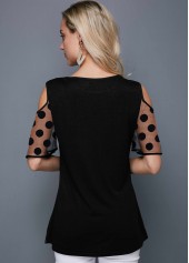 Round Neck Polka Dot Cold Shoulder T Shirt