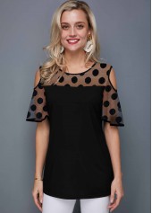 Round Neck Polka Dot Cold Shoulder T Shirt