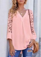 Pink Lace Stitching Split Neck Blouse
