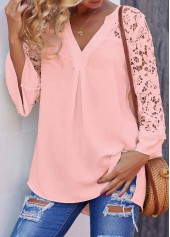 Pink Lace Stitching Split Neck Blouse