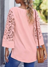 Pink Lace Stitching Split Neck Blouse