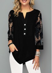 Asymmetric Hem Lace Stitching Split Neck Blouse