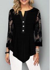 Asymmetric Hem Lace Stitching Split Neck Blouse