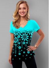 Floral Print Short Sleeve Ombre T Shirt