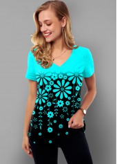 Floral Print Short Sleeve Ombre T Shirt