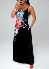 Spaghetti Strap Floral Print Double Pockets Maxi Dress