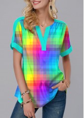 Short Sleeve Colorful Plaid Split Neck Blouse