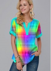 Short Sleeve Colorful Plaid Split Neck Blouse