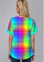 Short Sleeve Colorful Plaid Split Neck Blouse